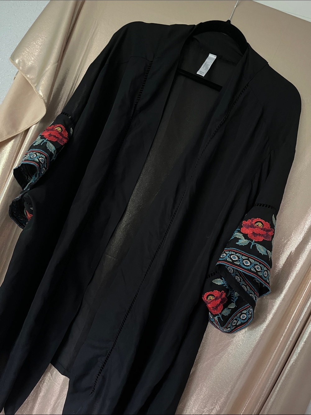 Black Embroidered Sleeve Kimono Swim Cover Up- Floral Detail
